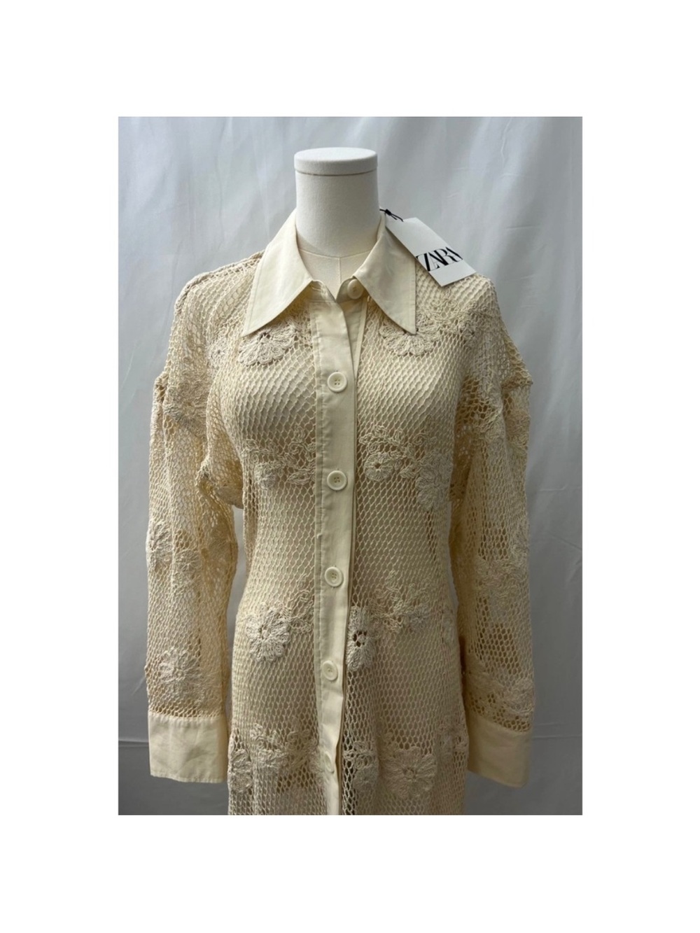 Zara Cream Crochet Button-Front Shirt Dress
